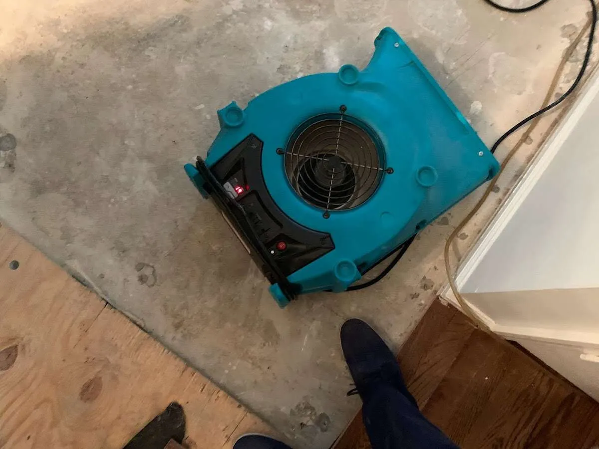 Air mover drying subfloor during Leak Detection & Repair in Delta